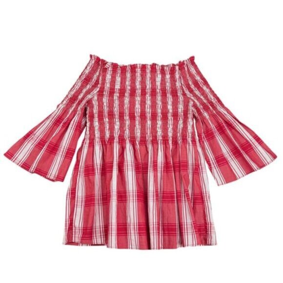 NWT ZARA Off the Shoulder Bell Sleeve Smocked Top Sz Medium Striped Red / White - Picture 2 of 5